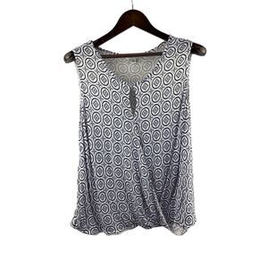 Women’s Cabi XL White w/ Blue Patterned Sleeveless Faux Wrap Style Blouse